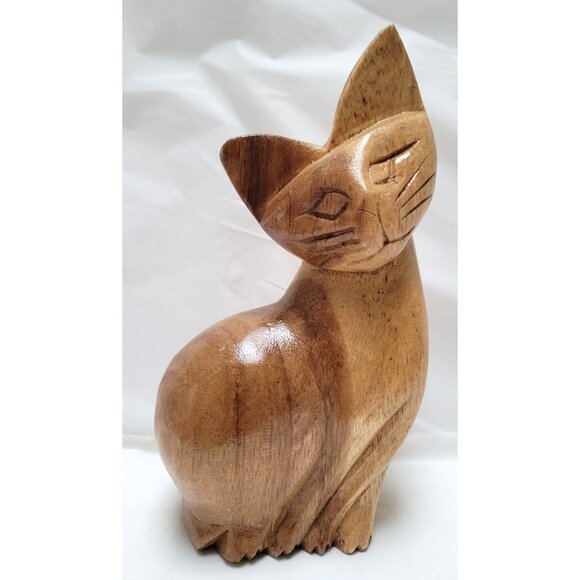 Hand-Carved Wooden Cat Statue Figure Figurine - About 7 inches Tall - Lot P - Picture 2 of 7